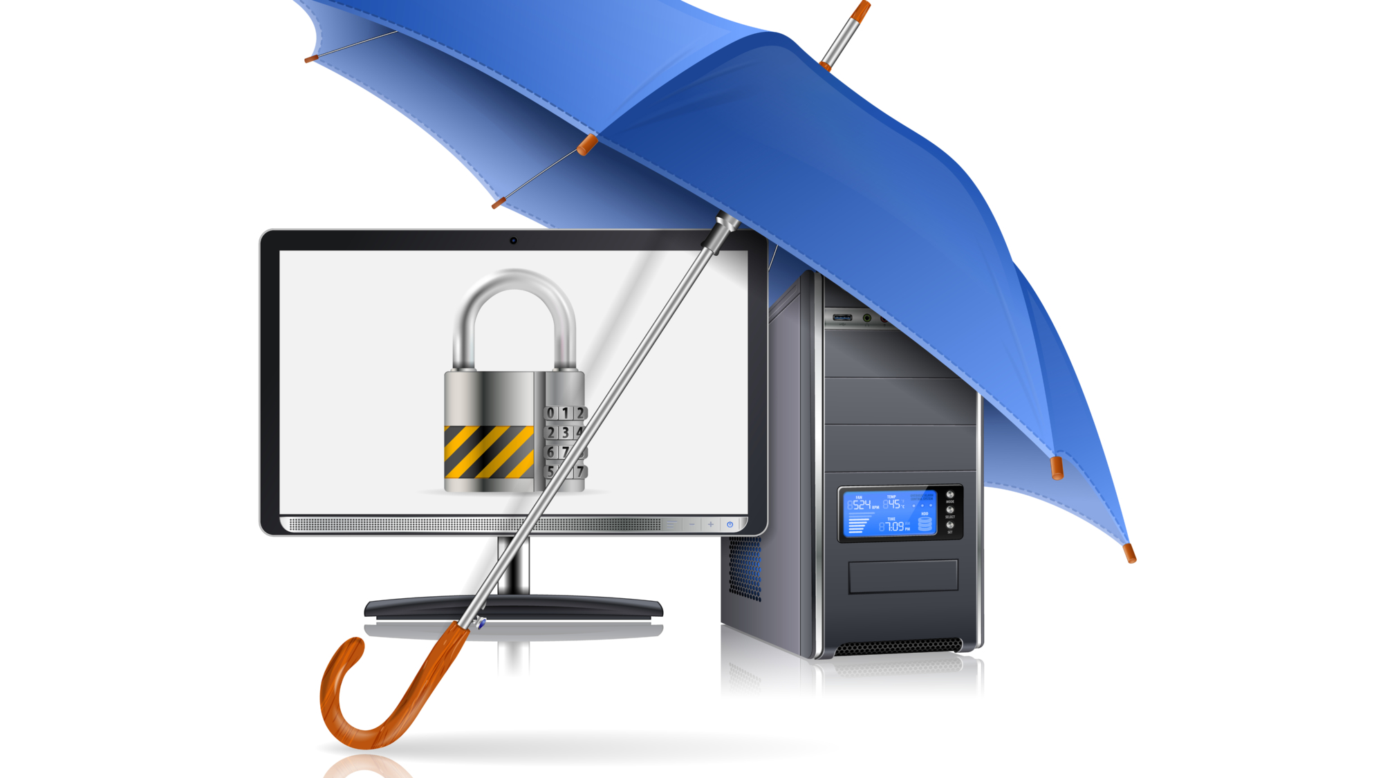 Business concept - Umbrella protects Computer with Lock on Screen, vector illustration