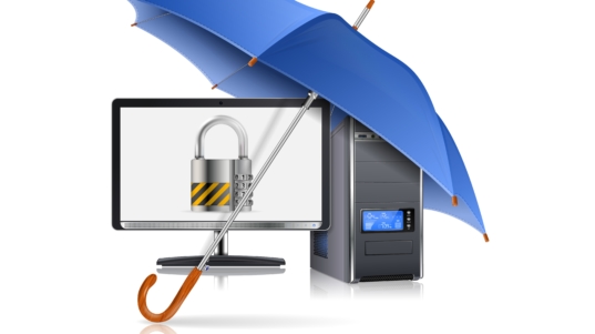 Business concept - Umbrella protects Computer with Lock on Screen, vector illustration